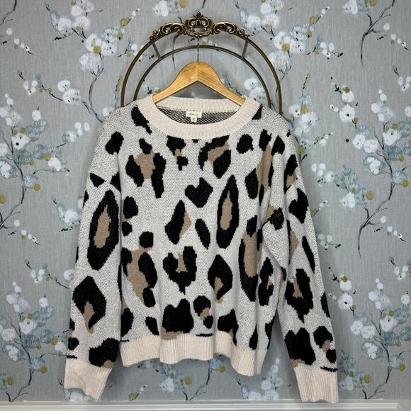 Debut Cream Animal Print Long Sleeve Pullover Sweater - Size Large - Picture 1 of 6